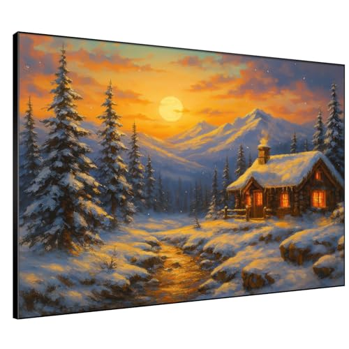 36"x46" Extra Large Framed Wall Art Cozy Cabin in Snowy Mountain Landscape at Sunset for Home Living Room Bedroom Decor