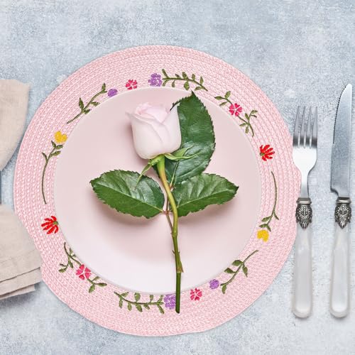4Pcs Spring Flower Embroidered Placemats Round Place Mats Pink Floral Dinner Table Mats for Home Holiday Wedding Bridal Baby Shower Birthday Party Decor (4 Count)