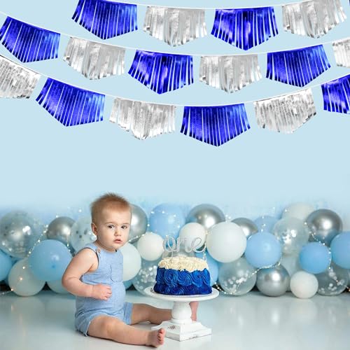 Royal Blue Silver Tassel Banner Metallic Fabric Pennant Bunting Flag for Graduation Birthday Retirement Bachelorette Engagement Wedding Bridal Shower Navy Nautical Ahoy Achor Party Decoration Supplies (16.93 Foot)
