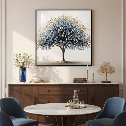 Framed Modern Luxury Blue and Gold Tree of Life Wall Art