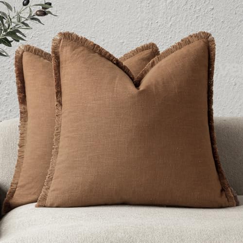 Decorative Linen Fringe Throw Pillow Covers 18×18 Orange Brown (2 Count)