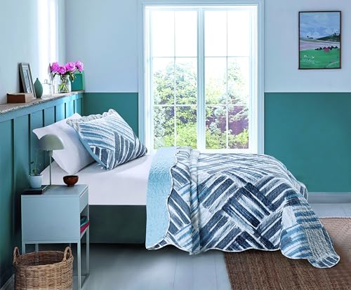 Blue Grey Stripes & Blocks Patchwork Quilt Set (2 Piece Set)