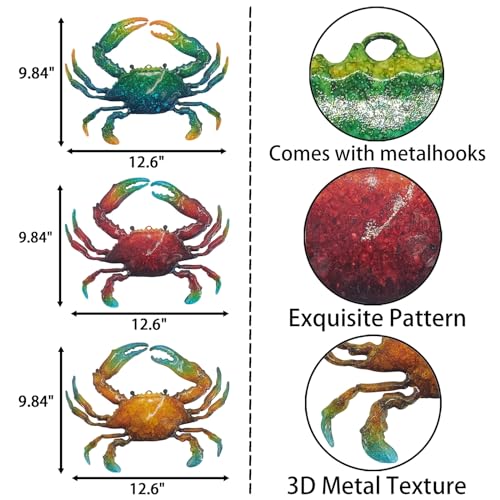 Metal Crab Sea Wall Decor Outdoor Garden Hanging Art Sculptures Home Ocean Theme Decorations for Kitchen Bathroom and Pool (3 Count)