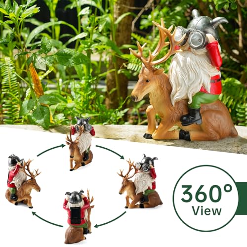 Garden Gnome Statues Resin Gnome Sitting On Deer Statues Solar Lights Outdoor Telescope Gnome Gifts for Yard