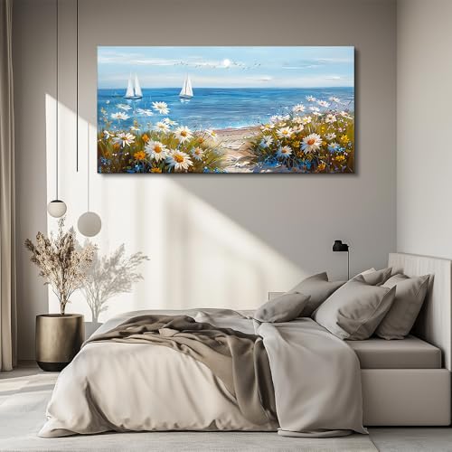 Home Decor Printing Canvas Picture Blue Ocean Landscape Painting Wall Art For Living Room Farmhouse Dinin Mural White Flowers Bedroom Office Wall Decoration Artwork Easy To Hang 20x40 In