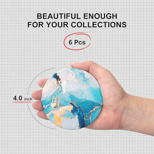 6 Pcs Light Blue Marble Abstract Ceramic Coasters with Holder for Table (6 Count)