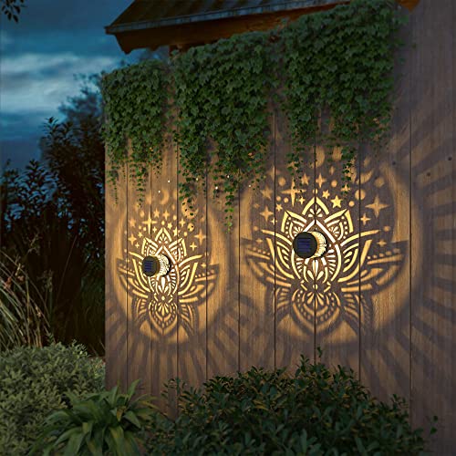 4 Pack Solar Fence Lights Metal Solar Powered Outdoor Wall Deck Lights Lotus Theme Waterproof Fence Light for Garden Post Patio Backyard Yard Decor (4 Count)