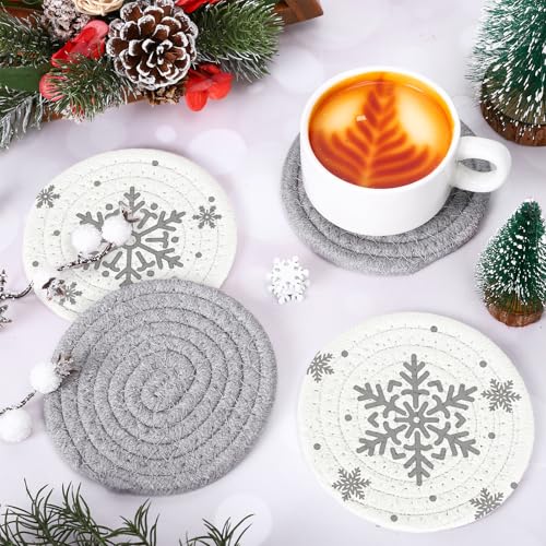 Winter Snowflake Handmade Braided Cotton Coasters Christmas Grey Snowflake Drink Coasters Absorbent Cup Coasters for Xmas Party Home Office Decor (4 Count)