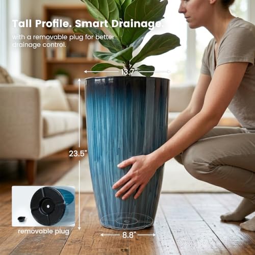 Garden 23.5" Tall Plastic Planters Set of 2 with Drainage Holes (2 Count)