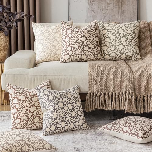 Set of 2 Decorative Neutral Floral Throw Pillow Covers Accent Farmhouse Cushion Covers Boho Vintage Pillowcase for Couch Sofa Bedroom Living Room Home Decor (2 Count)