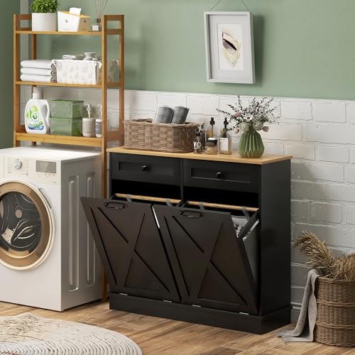 Tilt Out Laundry Hamper Cabinet with 2 Removable Baskets