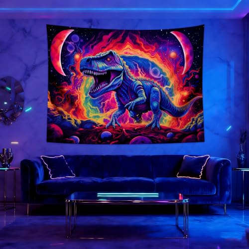 Blacklight Dinosaur Tapestry Wall Hanging Black Light Tapestries Uv Glow in the Dark Dino Poster for Teen Boys Room Bedroom 80x60in