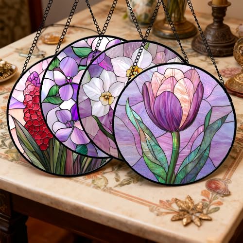 Stained Glass Window Hanging 4 Pcs Set Purple Flower Theme 7.8"