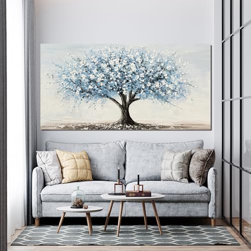 Vintage White Blue Wall Art for Bedroom Tree of Life Wall Art 24"X48"