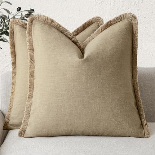 Decorative Linen Fringe Throw Pillow Covers 18×18 Light Khaki (2 Count)
