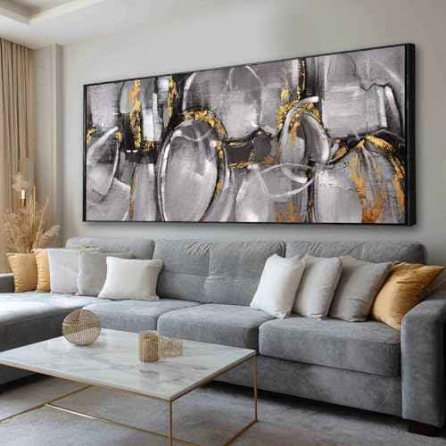 Abstract Canvas Wall Art Grey and Gold Wall Decor Line Print Pictures 32"x70" Bedroom Large Artwork Over Bed Office Posters