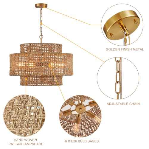 23.8" Gold Rattan Chandelier
