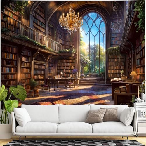 Vintage Library Tapestry Medieval Bookshelf Tapestries Wall Hanging Fantasy Academia Hall Book Backdrop Extra Large Tapestry for Bedroom Living Room Dorm Classroom 90 x 68 inch