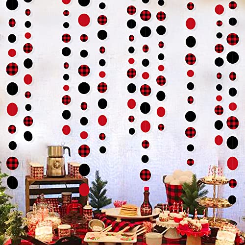 46Ft Buffalo Plaid Polka Dot Garlands Black Red Checkered Paper Circle Dot Streamer Banner for Birthday Bridal Shower Bachelorette Christmas Holiday Halloween Party Decorations Supplies