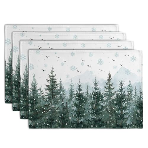 Winter Pine Tree Snowflake Placemats Set of 4 Christmas Snow Green Forest Place Mat 12x18 Inch Seasonal Xmas Holiday Rustic Nature Washable Fabric Table Mats for Farmhouse Kitchen Dining Decoration (4 Count)