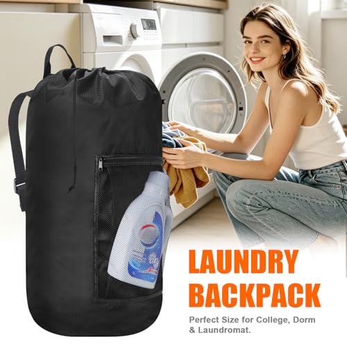 Laundry Bag Backpack Durable Laundry Bag with Shoulder Straps and Mesh Pockets Portable Laundry Hamper Dirty Clothes Bag for College