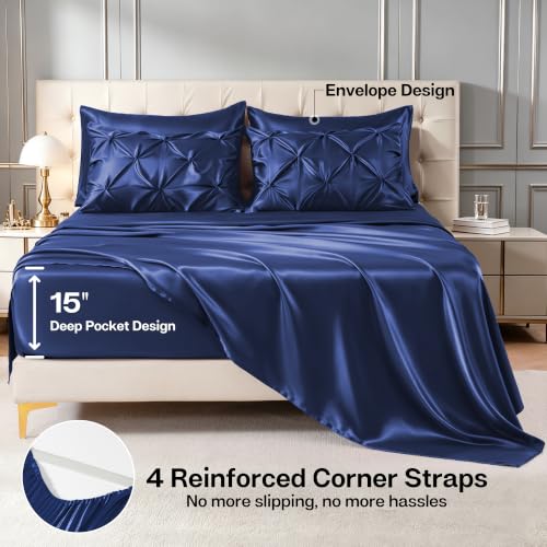 Satin Twin XL Comforter Set Navy Blue