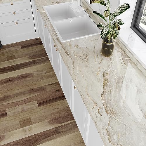 Wide 32''x354'' Beige Gold Marble Contact Paper for Countertops Peel and Stick Waterproof Countertop Vinyl Wallpaper for Kitchen Bathroom Glossy Marble Wallpaper Peel and Stick for Walls Table (79 Sq Ft)