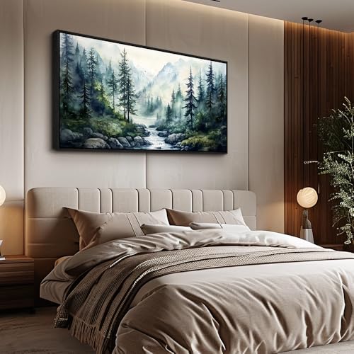 Large Black Framed Wall Decor For Living Room Canvas Wall Art For Office Modern Wall Decorations For Bedroom Misty Forest Painting Tree landscape Pictures Artwork Home Decor 24x48 In