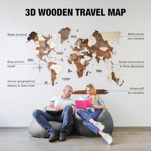 Handmade 3D Wood World Map Wall Art Large Wall Decor Track Your World Travels