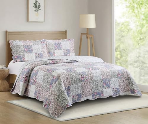 Blue & Pink Roses Toile Lively Patchwork Quilt Set
