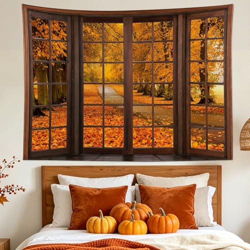 Fall Forest Window Wall Tapestry for Living Room Autumn Maple Tree with Orange Leaves Tapestry Wall Hanging Rustic Vintage Art Decor for Bedroom
