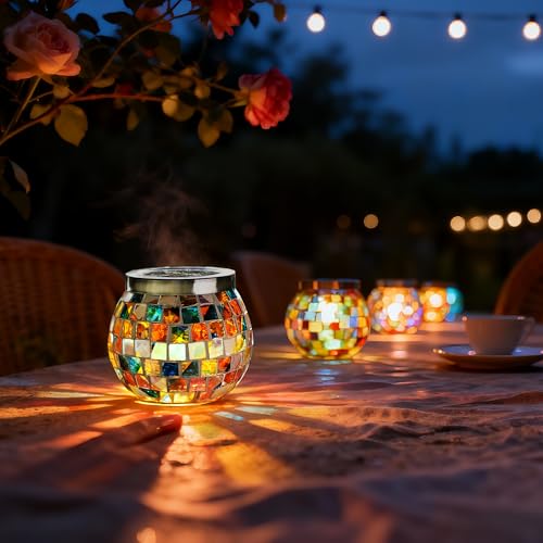 2 Pack Gift for her him Landscape Lighting Path Lights Heavy Solar Mosaic Lantern with RGB Color (2 Count)