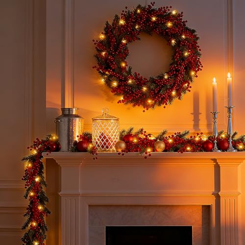 2 Pack 8.9FT Christmas Red Berry Garland with String Lights (2 Count)