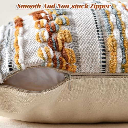 Chenille Striped Textured Boho Throw Pillow Covers Aesthetic with Tassels Woven Decorative Pillow Case for Couch Bed Sofa Bedroom Modern Funky 18 x 18