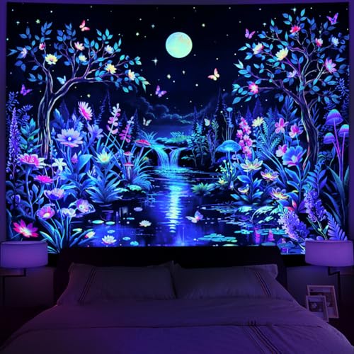 Blacklight Fantasy Forest Tree Tapestry UV Reactive Floral Plant Tapestries Trippy Moon Butterfly Wall Art Decor Nature Landscape Wall Hanging for Bedroom