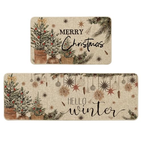 Holly Ornament Merry Christmas Kitchen Mats Set of 2
