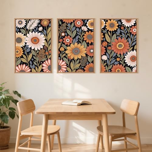 Large Abstract Boho Flower Framed Canvas Wall Art Set