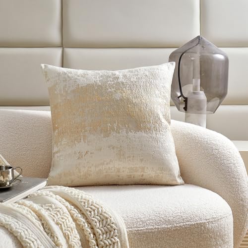 Cream Champagne Metallic Jacquard Throw Pillow Cover 20x20 Velvet Back Modern Glam Sofa Decor