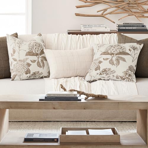 Set of 2 Linen Floral Vintage Throw Pillow Covers Neutral Accent Decorative Cushion Covers Farmhouse Boho Home Decor for Sofa Chair Couch Bedroom Living Room (2 Count)