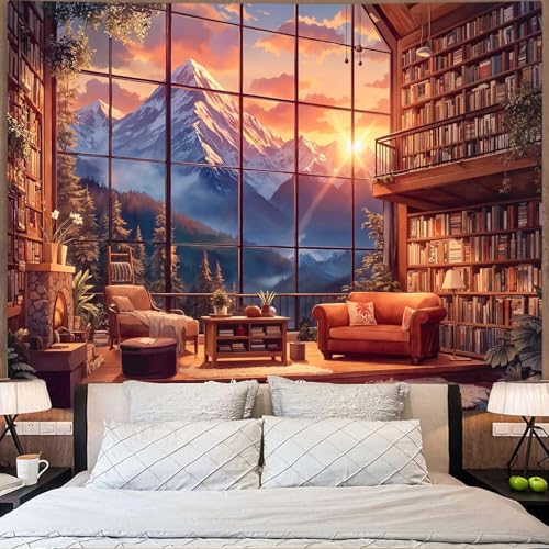 Forest Mountain Library Tapestry Fantasy Bookshelf Tapestries Wall Hanging Watercolor Nature Fairy Sunset Library Backdrop Large Tapestry for Bedroom Living Room Dorm Classroom 80 x 60 inch