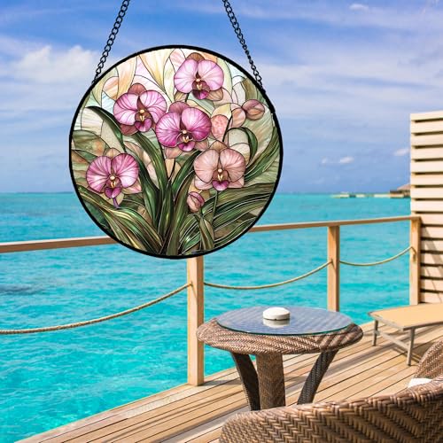 Phalaenopsis Orchid Stained Glass Window Hanging Decor Gifts for Women 12"