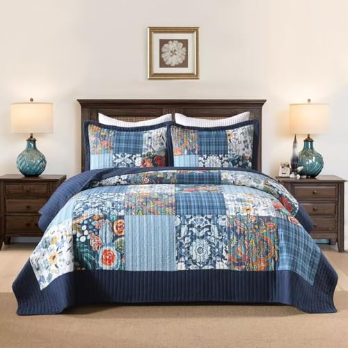 Cotton Bedspread Luxury Vintage Floral Patchwork Blue Bedding Quilt Set