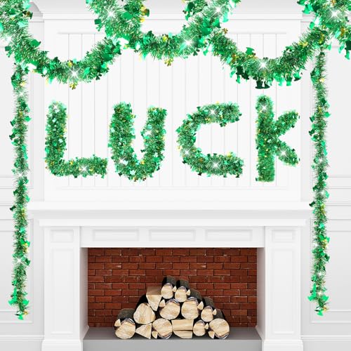 33 FT St Patricks Day Garland with Gold Green Shamrock Hat Tinsel Garland (33 Foot)