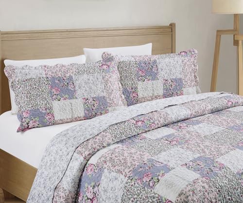Blue & Pink Roses Toile Lively Patchwork Quilt Set