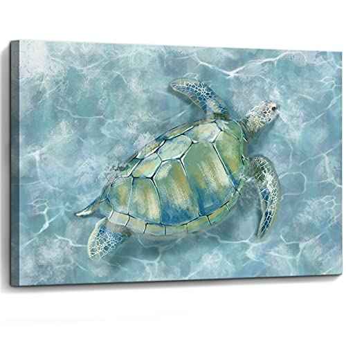 Bathroom Wall Decor Canvas Wall Art for Bedroom Sea Turtle Pictures Blue Coastal Room Decorations Artwork Green Turtle Wall Decorations 16” x 24”