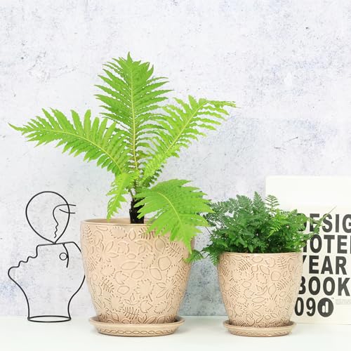 8 Inch + 6 Inch Retro Ceramic Planter Set of 2 with Drainage Hole and Saucer for Multiple Plants (2 Count)