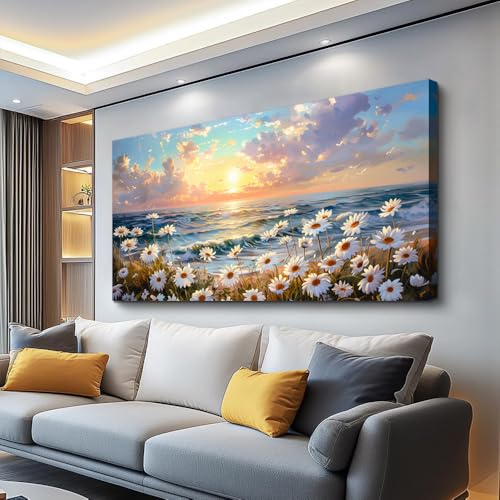 Large Wall Decor Canvas Painting Wall Art For Living Room Dining Room Bedroom Landscape Decor White Flowers Beach with waves Painting Print Artwork Picture Home Decor Aesthetics 24x48 In