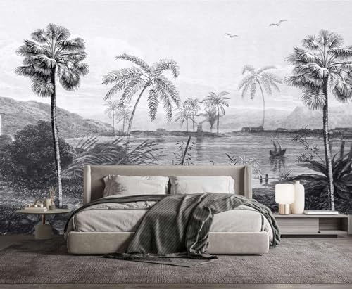 Vintage Black and White Forest Wallpaper Hand Painted Palm Tree Lake Mountain Wall Mural for Bedroom Living Room