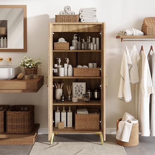 Tall Bathroom Storage Cabinet 57" Rattan Pantry Cabinet