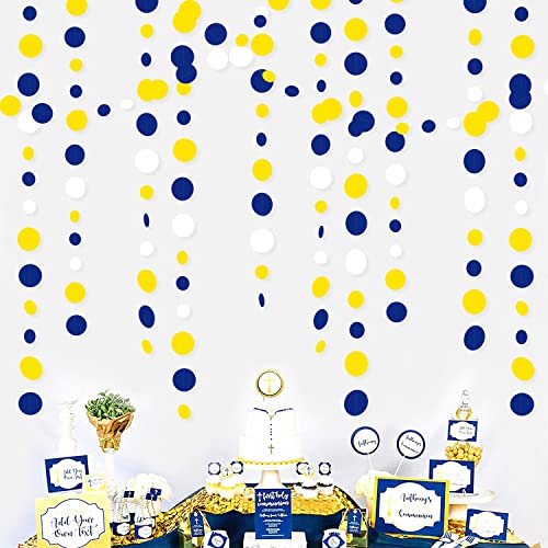 46Ft Navy Blue and Yellow Circle Dots Garland Royal Blue Yellow White Hanging Paper Polka Dot Streamer for Graduation Birthday Wedding Bridal Shower Nautical Ahoy Achor Party Decorations Supplies